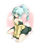  alternate_hairstyle aqua_hair arm_support bad_id bad_pixiv_id bare_shoulders bespectacled between_thighs blush breasts cleavage from_above glasses green_eyes green_hair komeiji_koishi looking_up medium_breasts off_shoulder ponytail revision short_hair silver_hair sitting socks solo touhou v_arms wariza yamane_akira 