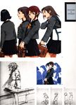  abe_yoshitoshi absurdres artbook bag black_hair brown_eyes brown_hair coat guard_rail highres iwakura_lain multiple_girls official_art partially_colored scan school_bag school_uniform serial_experiments_lain short_hair sketch skirt traditional_media wind wind_lift 