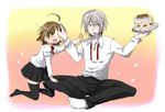  1girl accelerator ahoge bad_id bad_pixiv_id birthday blush brown_eyes brown_hair cake food fork last_order mouth_hold open_mouth papiko_(sogebusaretai) pastry red_eyes school_uniform short_hair silver_hair skirt thighhighs to_aru_majutsu_no_index zettai_ryouiki 