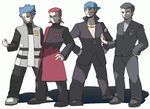  akagi_(pokemon) aogiri_(pokemon) artist_request formal hand_on_hip male_focus matsubusa_(pokemon) multiple_boys poke_ball pokemon pokemon_(game) pokemon_dppt pokemon_rgby pokemon_rse sakaki_(pokemon) suit throwing_poke_ball uniform 