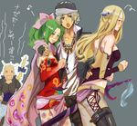  blonde_hair bow cape celes_chere earrings edgar_roni_figaro elbow_gloves final_fantasy final_fantasy_vi gloves green_hair jewelry lock_cole long_hair masakikazuyoshi multiple_girls necklace open_mouth pantyhose pink_bow ponytail ribbon skirt smile tina_branford translated weapon 