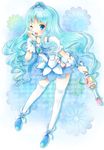  aqua_background bad_id bad_pixiv_id blue blue_choker blue_eyes blue_hair blue_skirt blush choker cure_marine floral_background flower_tact hair_ornament heartcatch_precure! jewelry kurumi_erika long_hair magical_girl michii_yuuki one_eye_closed open_mouth precure skirt solo thighhighs white_legwear 