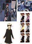  abe_yoshitoshi absurdres artbook bag book brown_eyes brown_hair chair character_sheet computer desk dress game_console hat highres iwakura_lain keyboard_(computer) mouse_(computer) office_chair official_art plant playstation scan school_bag school_uniform serial_experiments_lain short_hair shorts sitting skirt 