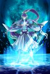  armor glowing highres kamui_gakupo katana light long_hair magic magic_circle male_focus md5_mismatch ponytail purple_hair solo splashing standing sword uya very_long_hair vocaloid walking walking_on_liquid water weapon 