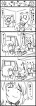  1girl 4koma anger_vein artist_self-insert breakfast closed_eyes coffee comic cooking cup gas_mask greyscale hetza_(hellshock) kazami_yuuka kitchen monochrome mug musical_note sleepy smile touhou translated window 