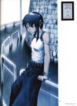  abe_yoshitoshi absurdres artbook bare_shoulders belt bracelet brown_eyes brown_hair highres iwakura_lain jewelry long_skirt looking_down official_art railing rain scan serial_experiments_lain short_hair skirt solo strap_slip wall 