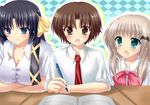  2girls bad_id bad_pixiv_id black_hair blonde_hair blue_eyes bow brown_eyes brown_hair green_eyes kamiya_chiaki kurugaya_yuiko little_busters! long_hair multiple_girls naoe_riki noumi_kudryavka pen pink_bow school_uniform 