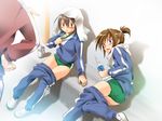  2girls ass blush bottle brown_eyes brown_hair buruma gym_uniform kanoe multiple_girls original pants_pull pointing shoes towel track_suit undressing uwabaki water_bottle 