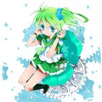  antenna_hair blue_eyes chain chair clover earrings flat_chest four-leaf_clover gears green_hair hair_ornament hair_ribbon hairclip heart heart_earrings jewelry kneehighs legs mizushirazu original personification pocket_watch pulsar ribbon school_uniform serafuku shoes side_ponytail sitting skirt smile socks solo star watch wristband wristwatch 