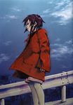  abe_yoshitoshi absurdres artbook brown_eyes brown_hair city cloud coat guard_rail highres iwakura_lain official_art scan serial_experiments_lain short_hair sky solo wind 