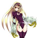  blonde_hair claws copyright_request elf leotard long_hair mosu_(korikan) pointy_ears purple_leotard red_eyes solo thighhighs tongue 