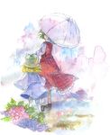  blonde_hair bobby_socks flower from_behind gogo/tad green_hair hat hydrangea kazami_yuuka looking_back moriya_suwako multiple_girls plaid plaid_skirt plaid_vest puddle rain skirt skirt_set socks touhou traditional_media umbrella vest water watercolor_(medium) 