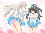  ass bad_id bad_pixiv_id black_hair blush breasts cleavage ganaha_hibiki green_eyes grey_hair hair_ribbon headband idolmaster idolmaster_(classic) large_breasts marugoshi_teppei multiple_girls one_eye_closed open_clothes open_shirt panties pantyshot petals pink_eyes plaid plaid_skirt pleated_skirt ponytail ribbon shijou_takane shirt skirt underwear wind 