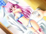  animal_ears bed blue_bra blue_panties blush bow bow_bra bow_panties bra bunny_ears dutch_angle frilled_panties frills kamiya_tomoe lace lingerie long_hair navel panties pov purple_hair red_eyes reisen_udongein_inaba solo_focus thighhighs touhou underwear underwear_only undressing walk-in white_legwear 