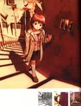  abe_yoshitoshi absurdres argyle argyle_legwear artbook brown_eyes brown_hair coat dusk from_above head_tilt highres iwakura_lain looking_up official_art partially_colored power_lines scan serial_experiments_lain short_hair sketch skirt stairs telephone_pole traditional_media window 