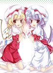  bad_id bad_pixiv_id bat_wings blonde_hair bow fang flandre_scarlet hat jpeg_artifacts kneeling multiple_girls open_mouth purple_hair red_eyes remilia_scarlet siblings sisters smile symmetrical_hand_pose tareme touhou tsurime wings wrist_cuffs yumesato_makura 