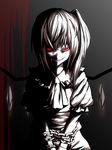  bad_id bad_pixiv_id bdsm blood bondage bound bound_wrists chain crazy evil_grin evil_smile flandre_scarlet glowing glowing_eyes grin high_contrast highres horror_(theme) izumi_sai monochrome sharp_teeth side_ponytail smile solo spot_color teeth touhou v_arms 