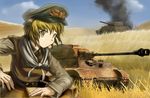  arm_support bangs blonde_hair caterpillar_tracks damaged fat_(artist) field from_side ground_vehicle hair_ornament hat hatch looking_to_the_side m10_tank_destroyer military military_hat military_uniform military_vehicle motor_vehicle object_namesake peaked_cap short_hair smoke solo tank tank_destroyer tiger_ii toramaru_shou touhou uniform upper_body war wheat wheat_field world_war_ii yellow_eyes 