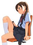  blush brown_eyes brown_hair chair flat_chest go_robots knee_up leg_up legs long_hair original school_uniform simple_background sitting skirt solo twintails white_background 