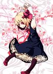  arms_behind_head black_dress blonde_hair brown_legwear dress floral_background hair_ribbon hands_clasped kneehighs mary_janes murani necktie own_hands_together petticoat red_eyes ribbon rumia shoes short_hair smile solo stretch touhou vest 