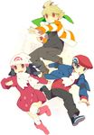  2boys alternate_costume boots coat hat hikari_(pokemon) holding holding_poke_ball jun_(pokemon) kokemomo_sayakusa kouki_(pokemon) multiple_boys pink_footwear poke_ball pokemon pokemon_(game) pokemon_dppt pokemon_platinum sweater winter_clothes 