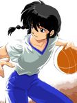  basketball black_hair blue_eyes braid gym_uniform long_hair male_focus nekomaru pants ranma_1/2 saotome_ranma single_braid solo track_pants 