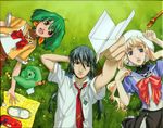  2girls absurdres ai-kun alien blonde_hair blue_hair earrings ebata_risa fang green_hair highres jewelry long_hair macross macross_frontier multiple_girls necktie official_art open_mouth orange_eyes paper_airplane pet ranka_lee saotome_alto school_uniform sheryl_nome vajra 