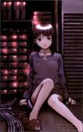  abe_yoshitoshi absurdres animal_slippers artbook brown_eyes brown_hair cable computer dress highres iwakura_lain official_art scan serial_experiments_lain server short_hair sitting slippers solo 