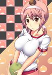  breasts brown_eyes buruma cleavage gym_uniform headband kuronezumi large_breasts maron-chan melonbooks pink_hair solo 