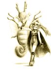  boots bracelet cape chiba_(tibaacss) full_body gen_2_pokemon gloves ibuki_(pokemon) jewelry kingdra long_hair monochrome pokemon pokemon_(creature) pokemon_(game) pokemon_hgss ponytail sepia simple_background white_background 