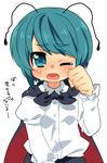  antennae blue_eyes cape clenched_hand crying green_hair kiri_futoshi long_sleeves looking_at_viewer lowres open_mouth short_hair simple_background solo tears touhou translated unhappy wriggle_nightbug 
