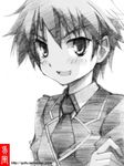  baka_to_test_to_shoukanjuu gofu greyscale kudou_aiko monochrome open_mouth school_uniform short_hair sketch smile solo spot_color traditional_media 