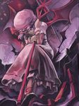  bad_id bad_pixiv_id bat bat_wings dress glowing glowing_eye grin gua hat hat_ribbon holding purple purple_hair red_eyes remilia_scarlet ribbon ruins short_hair short_sleeves signature smile solo spear_the_gungnir touhou wings wrist_cuffs 