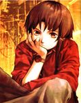  abe_yoshitoshi absurdres artbook brown_eyes brown_hair chin_rest hand_on_own_cheek hand_on_own_face highres iwakura_lain official_art scan serial_experiments_lain short_hair sitting skirt solo watch wristwatch 