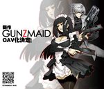  1girl april_fools assault_rifle black_hair breasts bullpup cleavage compensator covered_navel dual_wielding famas fei_(maidoll) garter_straps glasses gun hairband handgun highres holding large_breasts maid original qr_code red_eyes rifle thighhighs trigger_discipline weapon white_hair zoom_layer 