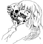  blood crazy_eyes from_behind greyscale hetza_(hellshock) horror_(theme) kazami_yuuka licking long_tongue looking_back monochrome oekaki plaid plaid_vest short_hair skull solo tongue touhou vest 