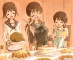 bottle brown_hair cake christiane_barkhorn closed_eyes dr_rex food gertrud_barkhorn knife long_hair military military_uniform miyafuji_yoshika multiple_girls open_mouth sailor short_hair strike_witches turkey_(food) twintails uniform world_witches_series 