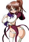  belly blush breast_grab breast_grap breasts brown_hair grabbing green_eyes huge_breasts kujirada_daifutoshi navel psyren tenjuin_marie 