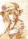  2010 aki_minoriko aqui face food fruit grapes hair_over_one_eye lips monochrome sepia short_hair solo touhou 