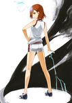  404_(artist) brown_eyes brown_hair electricity gym_uniform misaka_mikoto no_socks shorts solo to_aru_kagaku_no_railgun to_aru_majutsu_no_index 