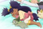  barefoot dark_skin dent_(pokemon) feet iris_(pokemon) kibago on_bed pokemon smile 