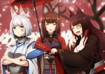  akagi_(azur_lane) amagi_(azur_lane) animal_ears azur_lane bangs black_kimono blue_eyes blunt_bangs breasts brown_hair choker eyeliner eyeshadow fox_ears fox_girl hair_ornament highres japanese_clothes kaga_(battleship)_(azur_lane) kimono kitsune large_breasts long_hair makeup multiple_tails oriental_umbrella paddle paint_on_face purple_eyes red_eyes tail thick_eyebrows tosaka0002 umbrella white_hair white_kimono wide_sleeves 