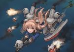  1girl 3others adapted_turret aircraft aircraft_request airplane black_gloves black_legwear black_skirt blue_shirt breasts brown_eyes cannon character_request cleavage commentary_request full_body garter_straps gloves johnston_(kantai_collection) k_jie kantai_collection light_brown_hair long_hair machinery multiple_others off_shoulder pleated_skirt sailor_collar school_uniform serafuku shin_guards shinkaisei-kan shirt skirt smokestack thighhighs turret twintails us_medal_of_honor 
