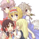  ^_^ alice_margatroid ascot blonde_hair blue_eyes blush bow brown_hair closed_eyes crescent detached_sleeves grey_hair hair_bow hair_tubes hakurei_reimu hat headdress izayoi_sakuya kirisame_marisa long_hair maid multiple_girls natsuk no_hat no_headwear open_mouth patchouli_knowledge purple_eyes purple_hair short_hair touhou yellow_eyes 