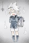  book bug chibi gloves grimoire_weiss hair_ornament jewelry long_sleeves male_focus necklace nier nier_(series) nier_(young) open_mouth pigeon-toed scared shinzui_(fantasysky7) shorts spider sweatdrop tabard white_hair 