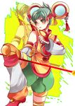  bad_id bad_pixiv_id chinese_clothes detached_sleeves dragon_kid fighting_stance green_eyes green_hair hat highres hoe_satsuki huang_baoling ponytail short_hair shorts solo staff superhero thighhighs tiger_&amp;_bunny zoom_layer 