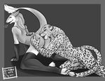  &hearts; anal anthro arm_warmers balls butt duo feline gay greyscale legwear leopard male mammal monochrome murrkus oral penis raised_tail rimming salkitten sergal smile snow_leopard stockings tail 