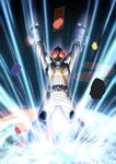  arms_up belt glowing glowing_eyes highres kamen_rider kamen_rider_fourze kamen_rider_fourze_(series) kuri_giepi male_focus solo 