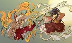  aqui battle branch chibi duel fighting_stance fire fujiwara_no_mokou highres houraisan_kaguya jeweled_branch_of_hourai multiple_girls shoes touhou 