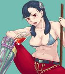 armor artist_request ashei belt black_hair breasts drink erect_nipples female hair_ornament lowres navel open_mouth pants red_eyes sitting staff sweat the_legend_of_zelda twin_tails twintails underboob 